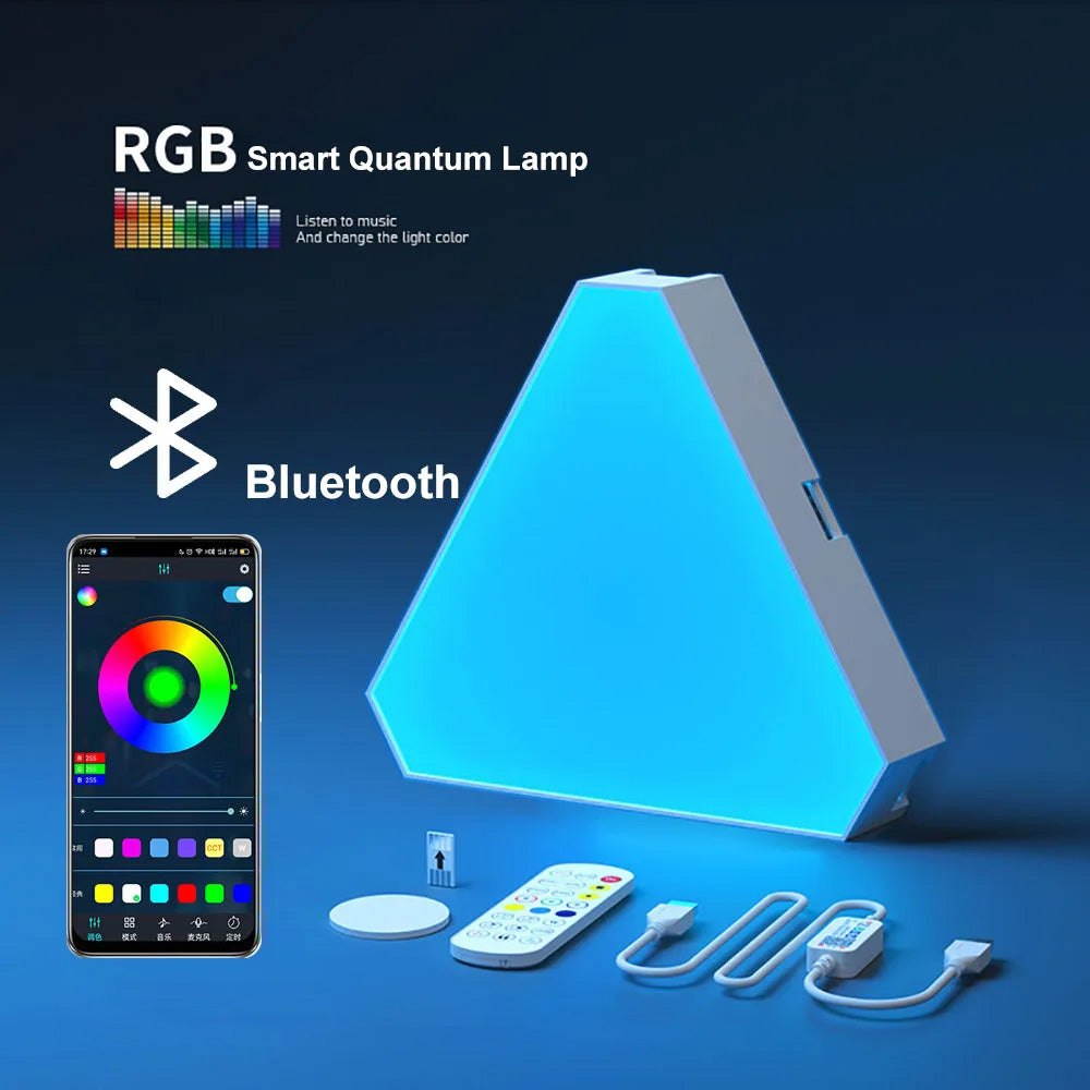 Luz LED RGB Quantum - Para Parede, Triangular, Sincronização com Música, Controlo por App e Voz Luz LED RGB Quantum - Para Parede, Triangular, Sincronização com Música, Controlo por App e Voz